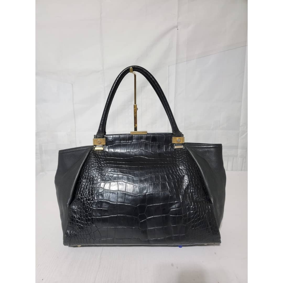LANVIN Calfskin Croc Stamp Medium Trilogy Shopper Black