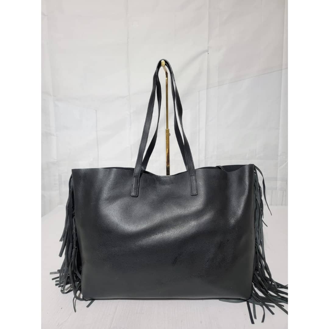 Saint Laurent Paris Leather Fringe Large Shopper Tote Bag Black - Image 3