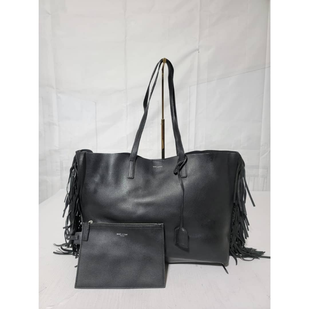 Saint Laurent Paris Leather Fringe Large Shopper Tote Bag Black