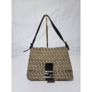 FENDI Zucchino Mama Baguette Shoulder Bag Chocolate Brown/Beige
