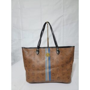 MCM Top Zip Stripped Shopper Tote Bag Brown