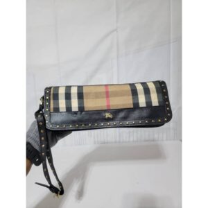 BURBERRY Studded LEATHER HOUSE CHECK CANVAS CLUTCH/WRISTLET BLACK
