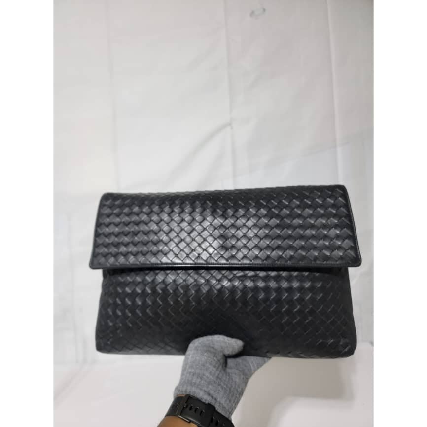 Bottega Veneta Intrecciato Leather Flap Snap Pouch Black