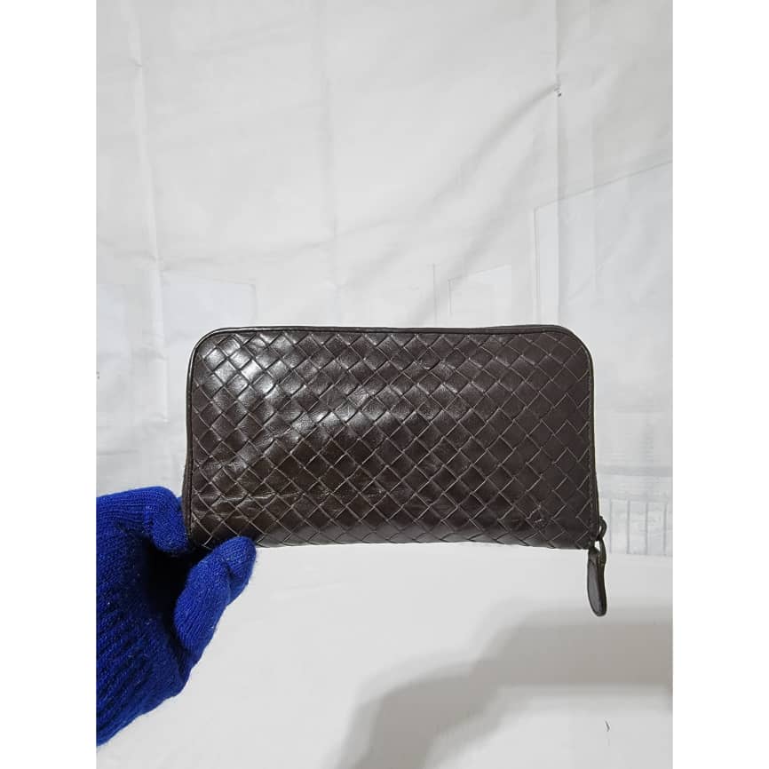 Bottega Veneta Intrecciato Leather Zip Around Continental Wallet Deep Chocolate Brown