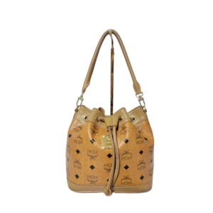 MCM Visetos Coated Canvas Heritage Drawstring Bucket Bag Cognac