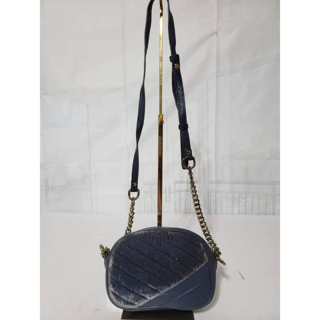 Tory Burch Harbor Kira Chevron Suede and Leather Crossbody Bag Navy Blue - Image 3