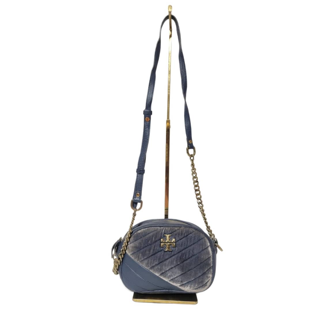 Tory Burch Harbor Kira Chevron Suede and Leather Crossbody Bag Navy Blue