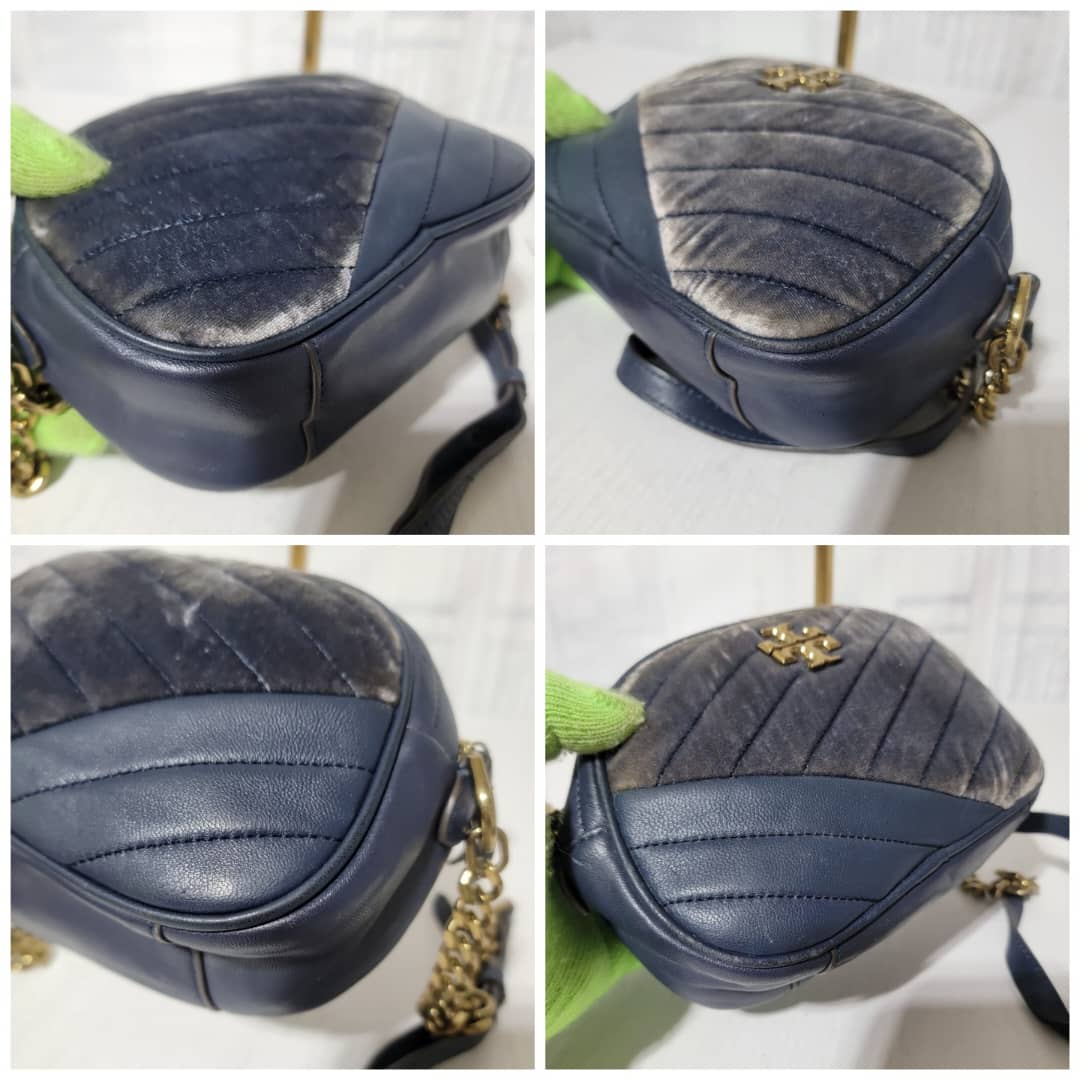 Tory Burch Harbor Kira Chevron Suede and Leather Crossbody Bag Navy Blue - Image 12