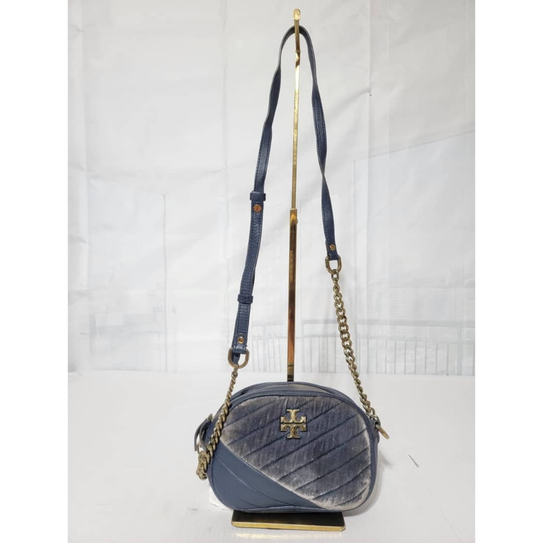 Tory Burch Harbor Kira Chevron Suede and Leather Crossbody Bag Navy Blue - Image 2