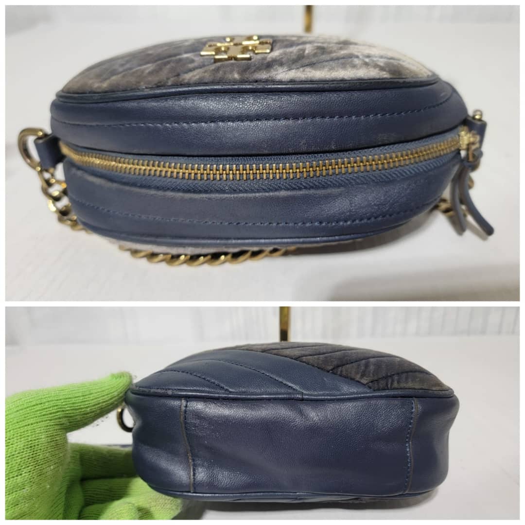 Tory Burch Harbor Kira Chevron Suede and Leather Crossbody Bag Navy Blue - Image 9