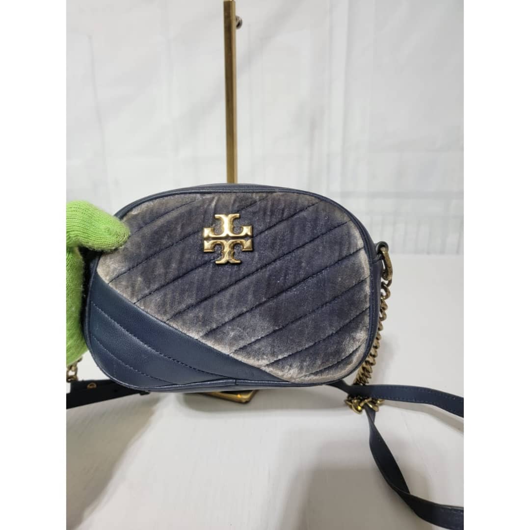 Tory Burch Harbor Kira Chevron Suede and Leather Crossbody Bag Navy Blue - Image 8