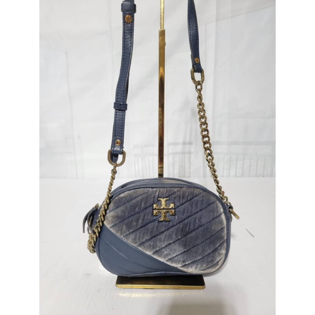 Tory Burch Harbor Kira Chevron Suede and Leather Crossbody Bag Navy Blue - Image 7