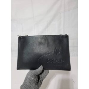 Prada Embossed Logo Zip Saffiano Leather Clutch Black