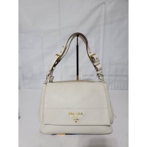 PRADA Vitello Daino Flap Shoulder Bag Off-White