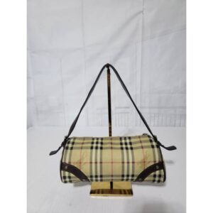 Burberry Haymarket Check Coated Canvas and Leather Trim Boston Shoulder Bag Brown/Beige