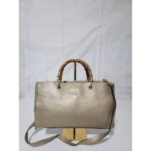 GUCCI Metallic Pebbled Calfskin Medium Bamboo Shopper Tote Golden Beige