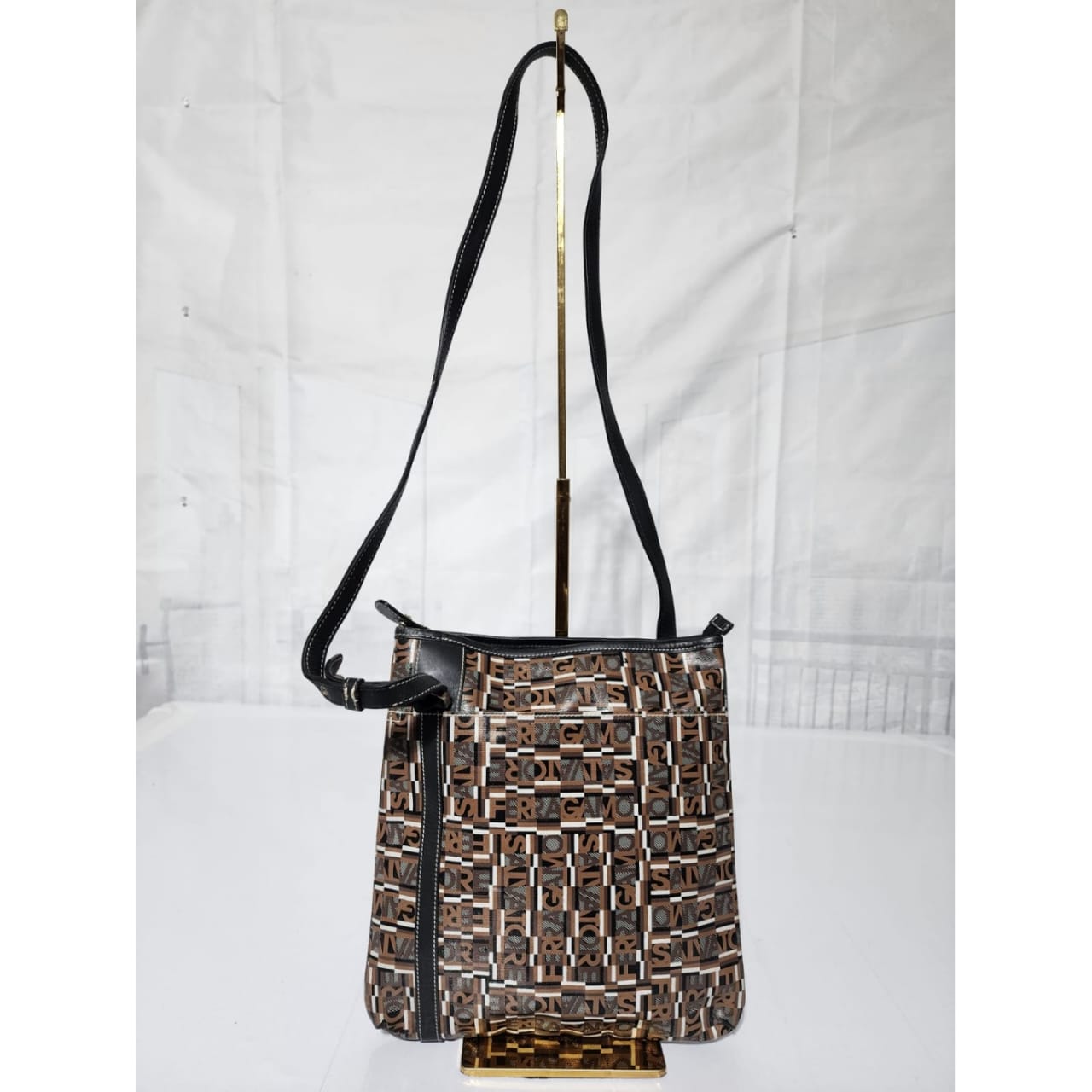 Salvatore Ferragamo Coated Canvas Shoulder Bag Brown