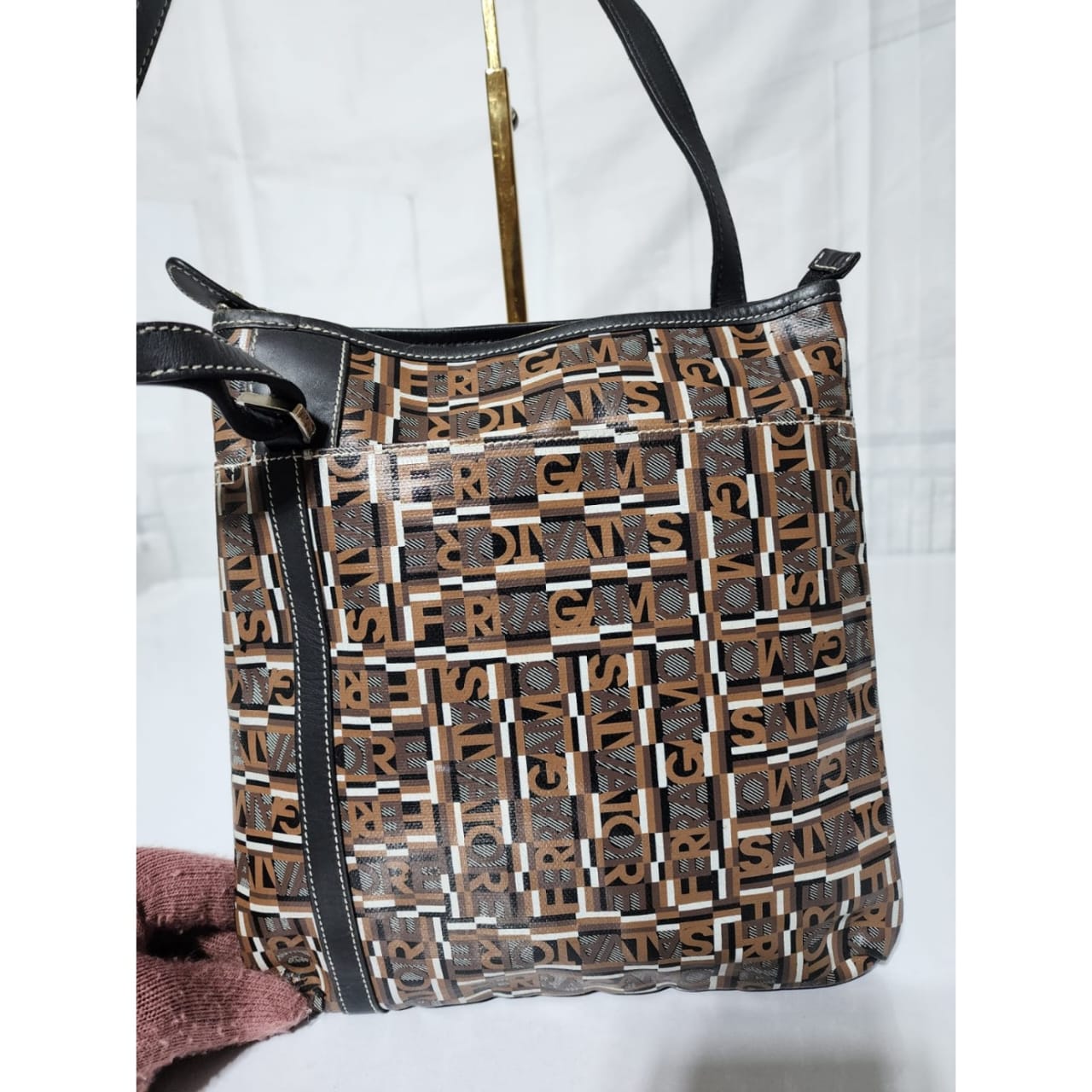 Salvatore Ferragamo Coated Canvas Shoulder Bag Brown - Image 8