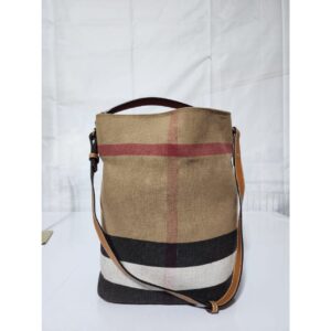 BURBERRY Canvas Mega Check Medium Ashby Hobo Saddle Bag Brown