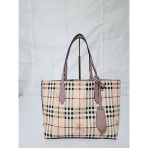 BURBERRY Grainy Calfskin Haymarket Check Medium Reversible Tote Bag Beige/Nude