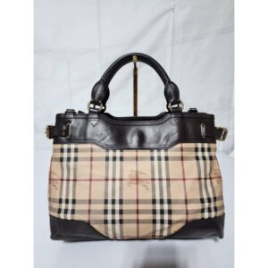 Burberry Haymarket Check PVC and Leather Small Hepburn Tote Bag Dark Brown/Beige