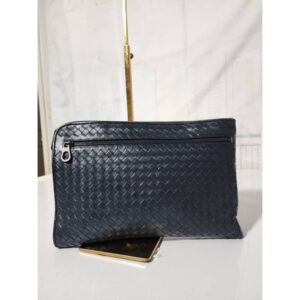 Bottega Veneta Intrecciato Leather Zip Clutch Navy Blue