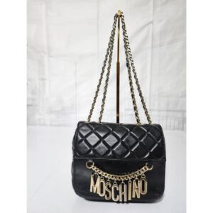 Moschino Quilted Leather Logo Chained Shoulder Bag Black