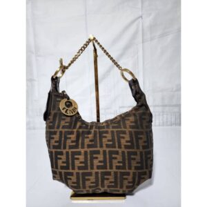 Fendi Zucca Canvas and Leather Chef Chain Link Hobo Bag Brown