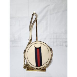 GUCCI Textured Calfskin Web Mini Ophidia Round Shoulder Bag Mystic White