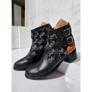 CHANEL Tweed Pattern Tweed Moto Boots Black/Brown Size 40