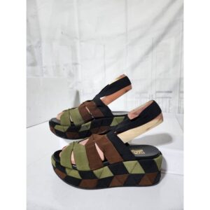 SALVATORE FERRAGAMO Colorblock Pattern Slingback Sandals Green/Brown/Black Size 9