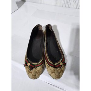 Gucci GG Canvas Web Bow Ballet Flats Beige/Brown Size 36.5