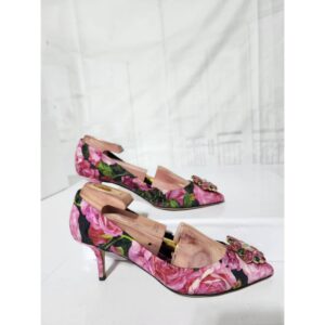 Dolce & Gabbana Floral Canvas Crystal Embellished Pumps Pink/Green Size 40