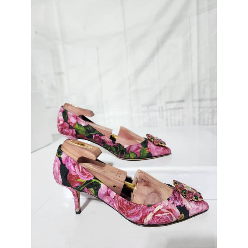 Dolce & Gabbana Floral Canvas Crystal Embellished Pumps Pink/Green Size 40