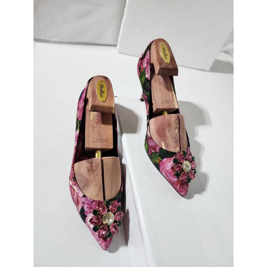 Dolce & Gabbana Floral Canvas Crystal Embellished Pumps Pink/Green Size 40 - Image 3