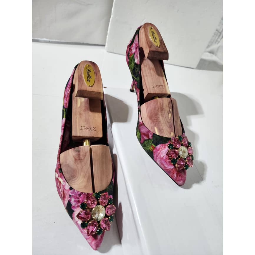 Dolce & Gabbana Floral Canvas Crystal Embellished Pumps Pink/Green Size 40 - Image 4