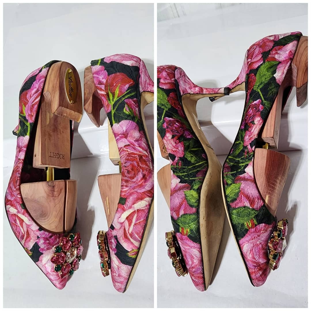 Dolce & Gabbana Floral Canvas Crystal Embellished Pumps Pink/Green Size 40 - Image 5