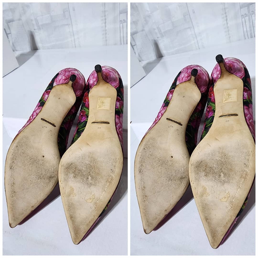 Dolce & Gabbana Floral Canvas Crystal Embellished Pumps Pink/Green Size 40 - Image 7