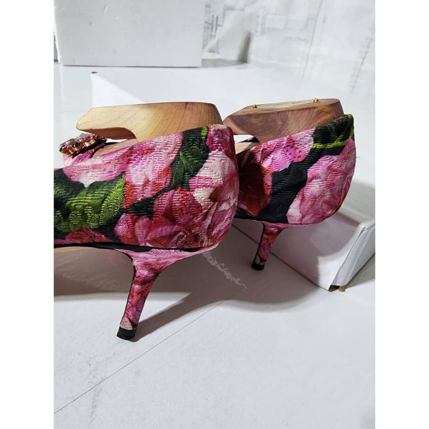 Dolce & Gabbana Floral Canvas Crystal Embellished Pumps Pink/Green Size 40 - Image 12