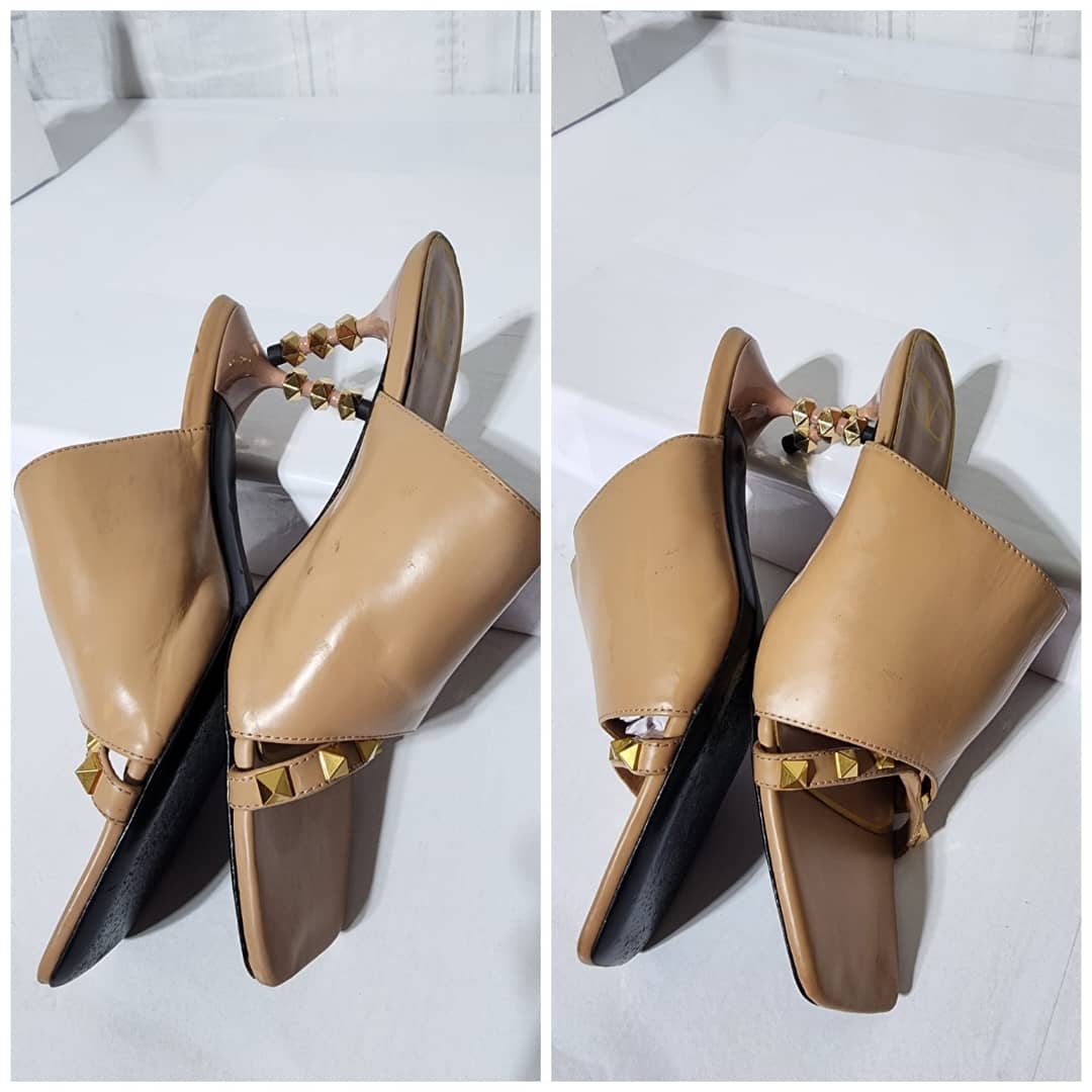 VALENTINO GARAVANI Nappa Rockstud Tower Heel Mules 38 Biege - Image 9