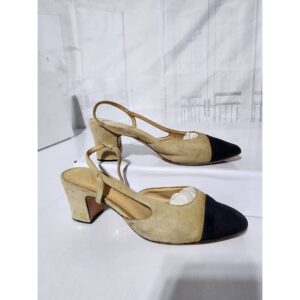 Chanel Suede And Fabric Cap Toe Slingback Sandals Beige/Black Size 38C