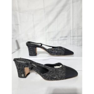 CHANEL Slingback Tweed Grosgrain Sequined Pumps Black Size 40.5